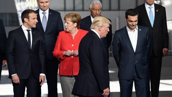 Лидеры Франции Эммануэль Макрон, Германии Ангела Меркель, США Дональд Трамп и Греции Алексис Ципрас на саммите НАТО (25 мая 2017). Брюссель, Бельгия - Sputnik Армения