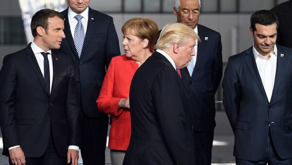 Лидеры Франции Эммануэль Макрон, Германии Ангела Меркель, США Дональд Трамп и Греции Алексис Ципрас на саммите НАТО (25 мая 2017). Брюссель, Бельгия - Sputnik Армения