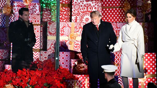 Президент США Дональд Трамп с супругой Меланией на торжественной церемонии зажжения Национальной рождественской елки в парке перед Белым домом (28 ноября 2018). Вашингтон - Sputnik Армения
