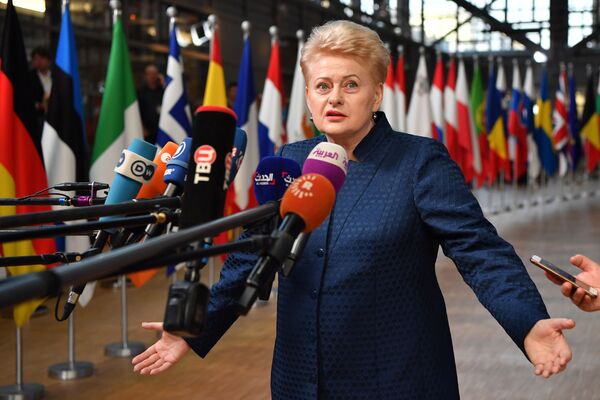 Президент Литвы Даля Грибаускайте отвечает на вопросы журналистов по ее прибытию на саммит Европейского совета в Брюсселе - Sputnik Армения