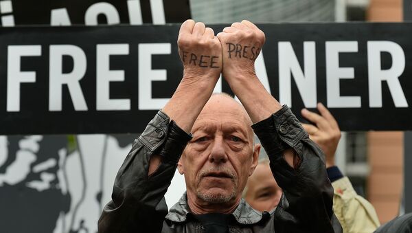 Активист с надписью Свободная пресса на руках протестует вместе с активистами Amnesty International и партнерами возле здания Европейского совета, где проходит встреча глав дипкорпуса ЕС и МИД Турции (25 июля 2017). Брюссель - Sputnik Արմենիա