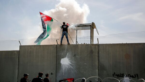 Активист с палестинским флагом после восхождения на спорную разделительную стену возле оккупированной деревни Билин на Западном берегу недалеко от Рамаллаха (2 марта 2018). Билин, Палестинские территории - Sputnik Армения