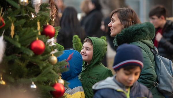 Радостные дети и родители у рождественской елки в Ереванском зоопарке во время праздничного мероприятия - Sputnik Армения