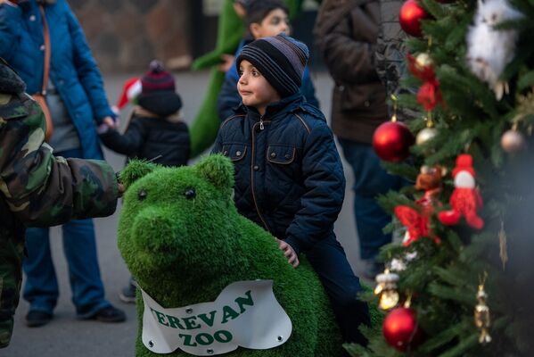 Мальчик фотографируется у рождественской елки во время праздничного мероприятия в Ереванском зоопарке - Sputnik Армения