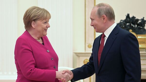 Встреча президент России Владимира Путина и федерального канцлера Германии Ангелы Меркель (11 января 2020). Москвa - Sputnik Армения