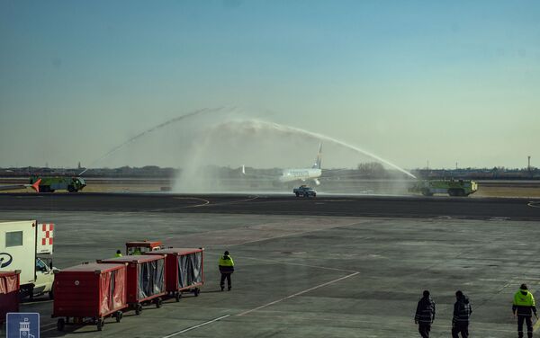 Встреча первого рейса Милан-Ереван-Милан авиакомпании Ryanair в аэропорту Звартноц (14 января 2020). Еревaн - Sputnik Армения