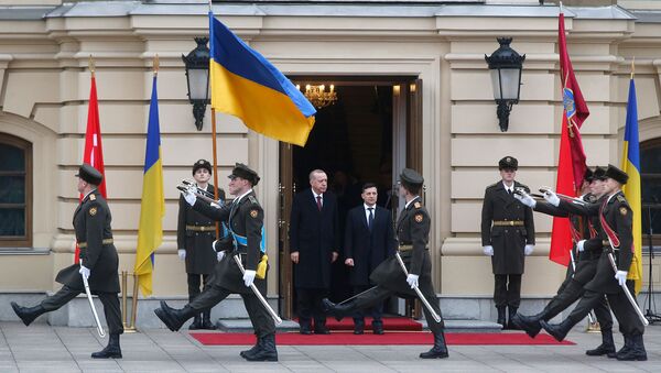 Президент Украины Владимир Зеленский (справа) и президент Турции Реджеп Тайип Эрдоган во время церемонии приветствия (3 февраля 2020). Киев - Sputnik Արմենիա