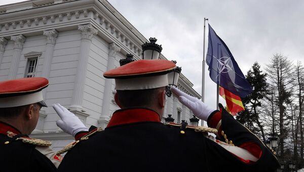Македонские солдаты салютуют во время поднятия флага НАТО перед зданием правительства (12 февраля 2020). Скопье - Sputnik Արմենիա