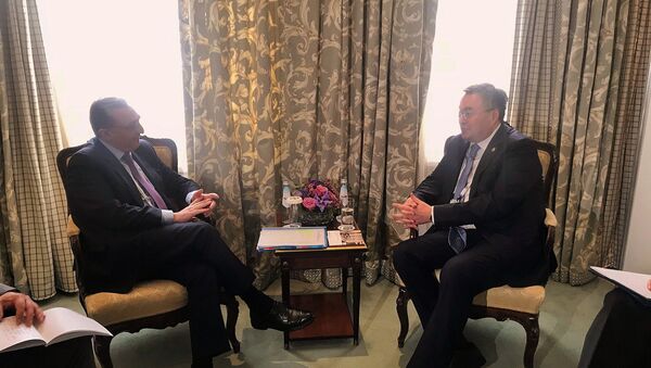Встреча министра иностранных дел Зограба Мнацаканяна (слева) с министром иностранных дел Казахстана Мухтаром Теуберди (15 февраля 2020). - Sputnik Արմենիա