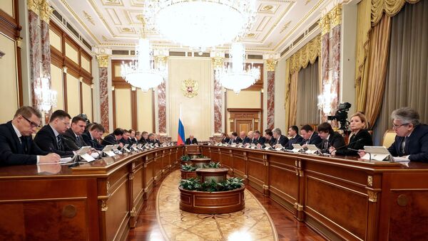 Председатель правительства России Михаил Мишустин проводит совещание с членами кабинета министров (20 февраля 2020). Москвa - Sputnik Армения