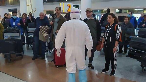 Сотрудник Минздрава в спецодежде встречает пассажиров из Ирана - Sputnik Армения