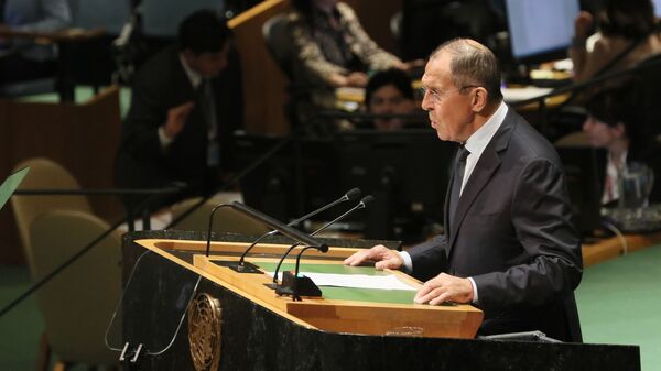 Министр иностранных дел РФ Сергей Лавров во время выступления на 74-й сессии Генеральной Ассамблеи ООН в Нью-Йорке - Sputnik Армения