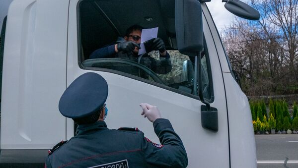 Полицейский проверяет документы у водителей и пассажиров автомобилей, выезжающего из столицы (2 апреля 2020). Еревaн - Sputnik Армения