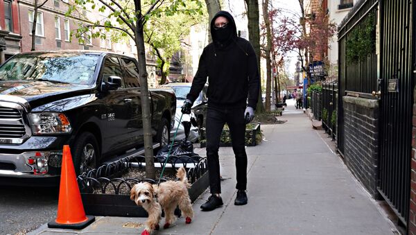 Мужчина в маске с собакой в Нью-Йорке - Sputnik Արմենիա