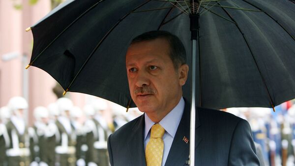 Премьер-министр Турции Реджеп Тайип Эрдоган держит зонтик во время церемонии встречи своего пакистанского коллеги Юсуфа Резы Гилани (28 октября 2008). Стамбул - Sputnik Армения