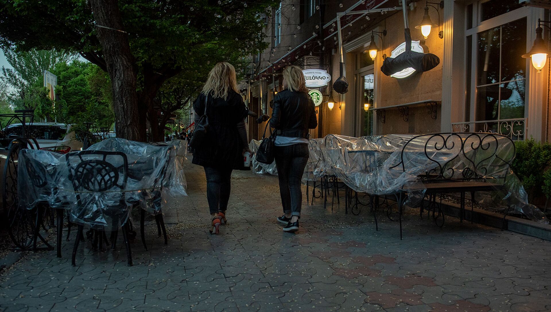 Женщины проходят мимо закрытого кафе на улице Таманяна в Ереване - Sputnik Արմենիա, 1920, 07.06.2021