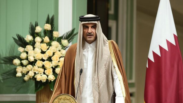 Катарский эмир Шейх Тамим Бен Хамад аль-Тани говорит по телевидению об экономических последствиях новой пандемии коронавируса (24 апреля 2020). Доха - Sputnik Արմենիա