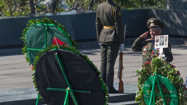Военный отдает честь погибшим в ВОВ у Вечного огня в Парке победы  - Sputnik Армения