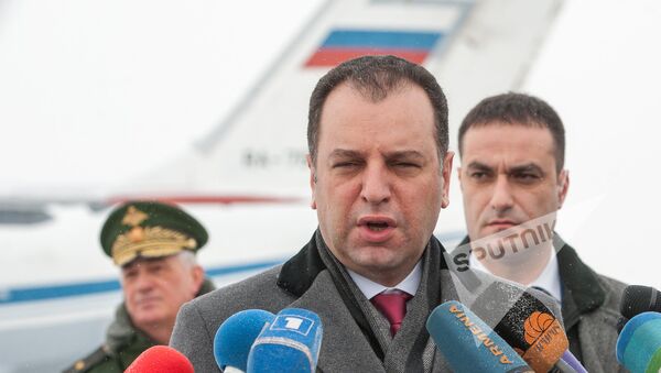 Виген Саркисян в аэропорту Эребуни при отправке гумпомощи в Сирию - Sputnik Армения
